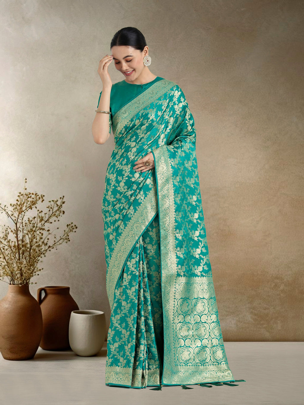 Monjolika Fashion Effervescent Turquoise Soft Banarasi Satin Silk Saree With Elision Blouse Piece - Distacart