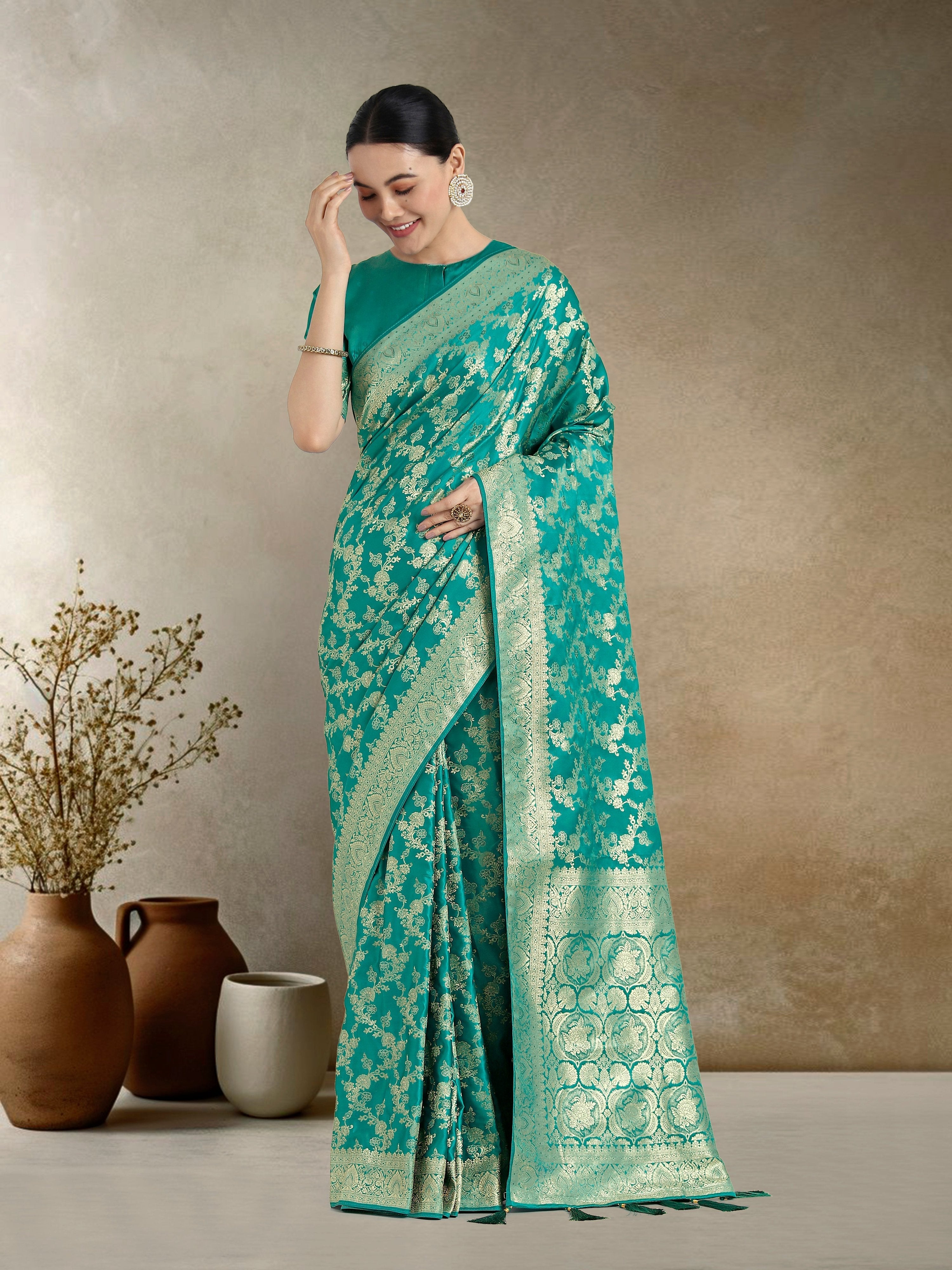 Monjolika Fashion Effervescent Turquoise Soft Banarasi Satin Silk Saree With Elision Blouse Piece - Distacart