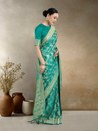 Monjolika Fashion Effervescent Turquoise Soft Banarasi Satin Silk Saree With Elision Blouse Piece - Distacart