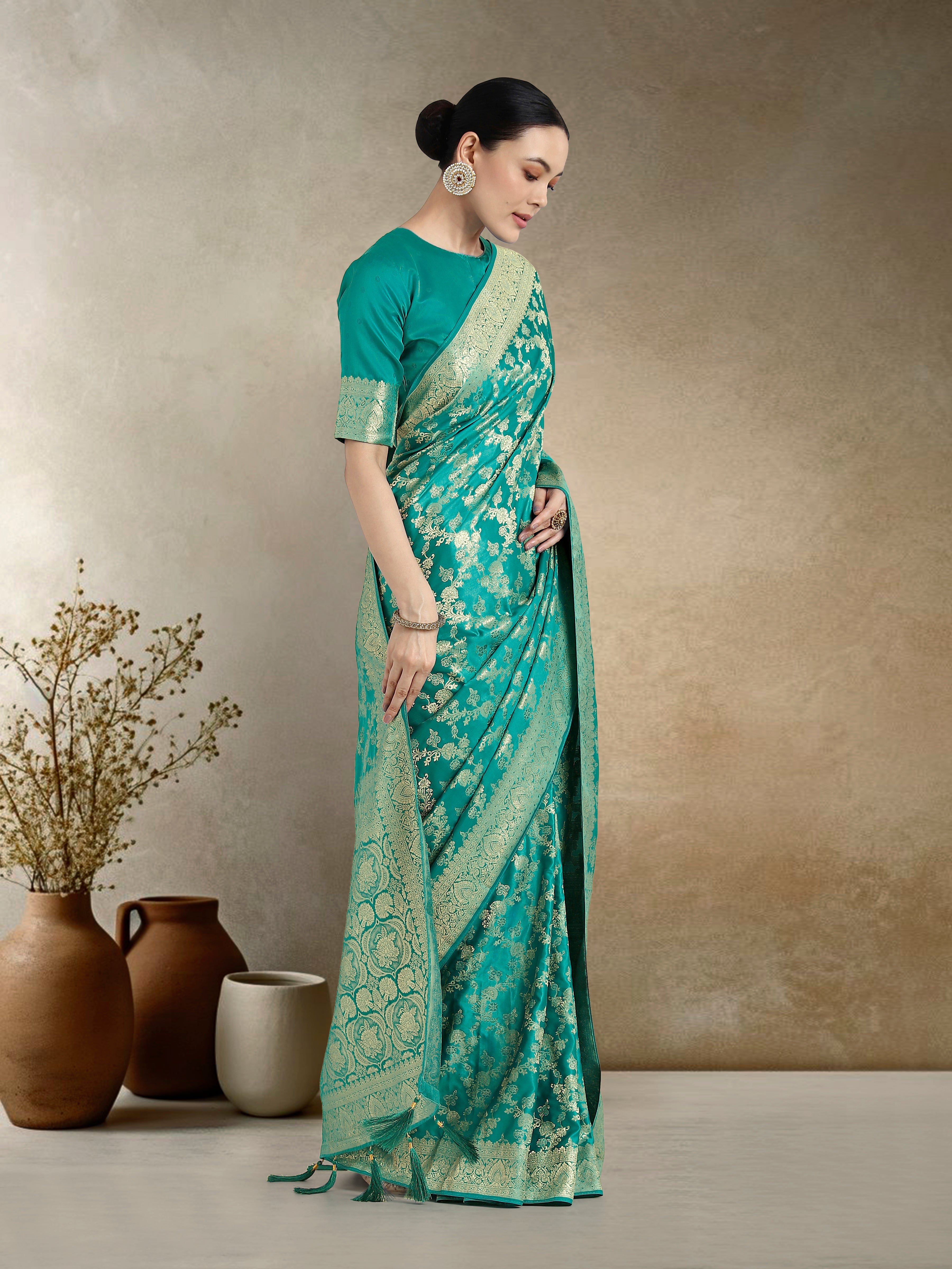Monjolika Fashion Effervescent Turquoise Soft Banarasi Satin Silk Saree With Elision Blouse Piece - Distacart