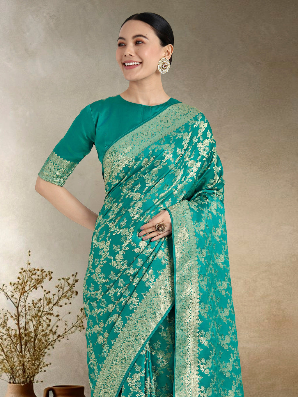 Monjolika Fashion Effervescent Turquoise Soft Banarasi Satin Silk Saree With Elision Blouse Piece - Distacart