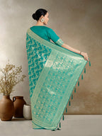 Monjolika Fashion Effervescent Turquoise Soft Banarasi Satin Silk Saree With Elision Blouse Piece - Distacart