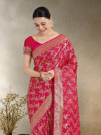 Monjolika Fashion Effervescent Bright Pink Soft Banarasi Satin Silk Saree With Elision Blouse Piece