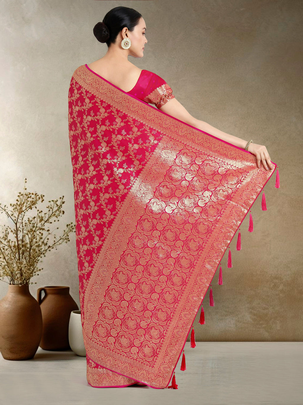 Monjolika Fashion Effervescent Bright Pink Soft Banarasi Satin Silk Saree With Elision Blouse Piece