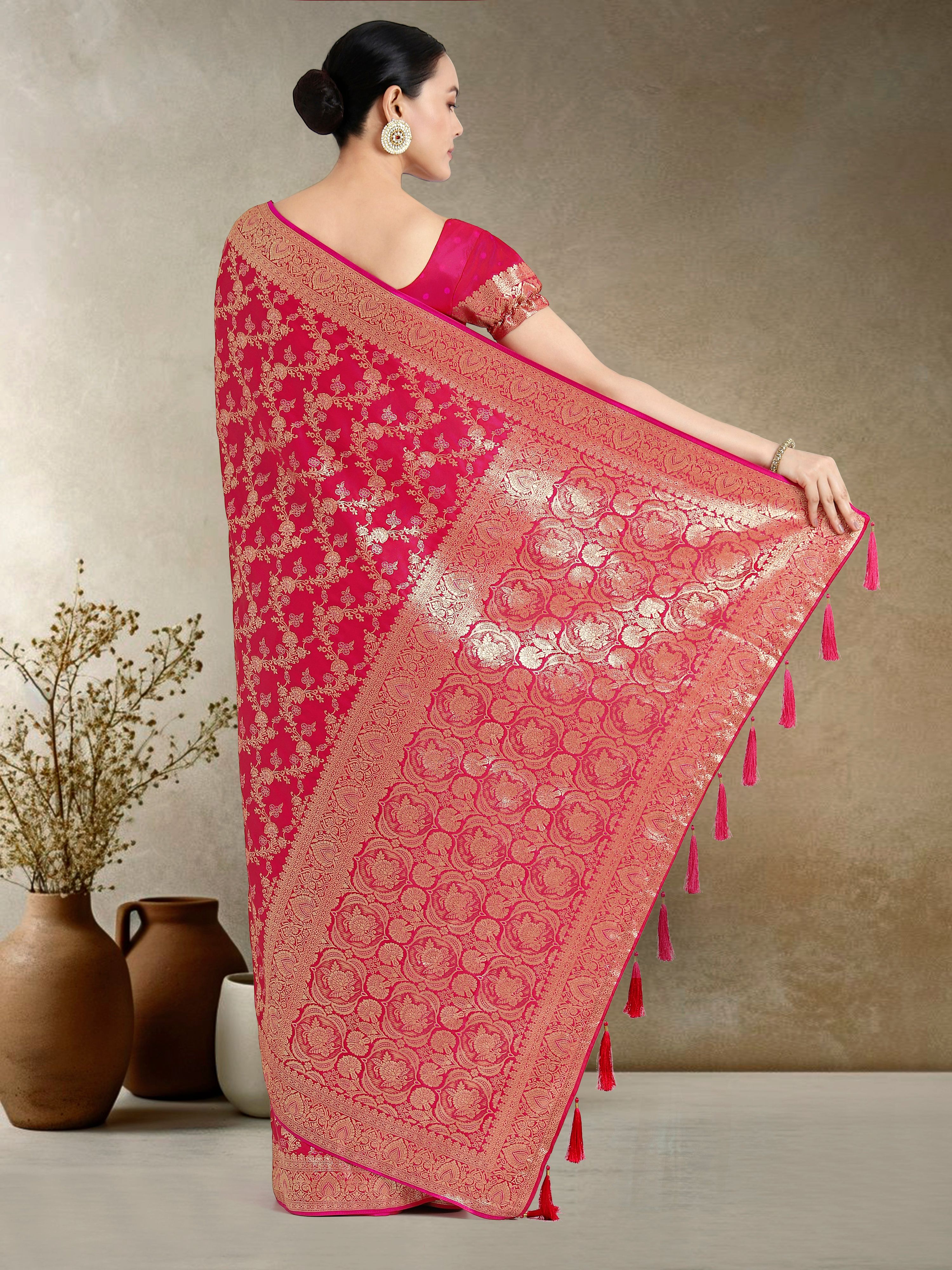 Monjolika Fashion Effervescent Bright Pink Soft Banarasi Satin Silk Saree With Elision Blouse Piece
