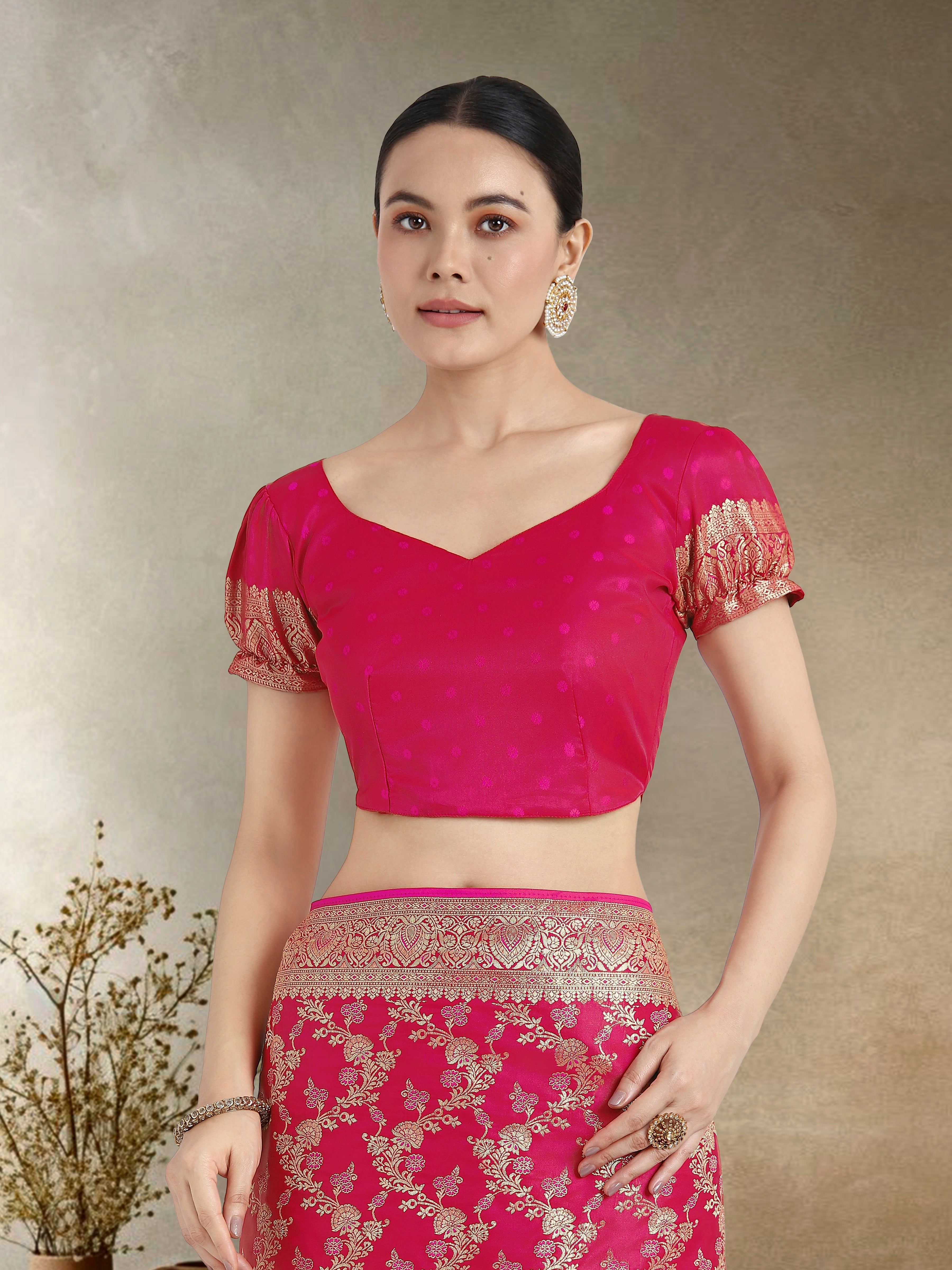 Monjolika Fashion Effervescent Bright Pink Soft Banarasi Satin Silk Saree With Elision Blouse Piece