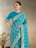 Monjolika Fashion Effervescent Aqua blue Soft Banarasi Satin Silk Saree With Elision Blouse Piece