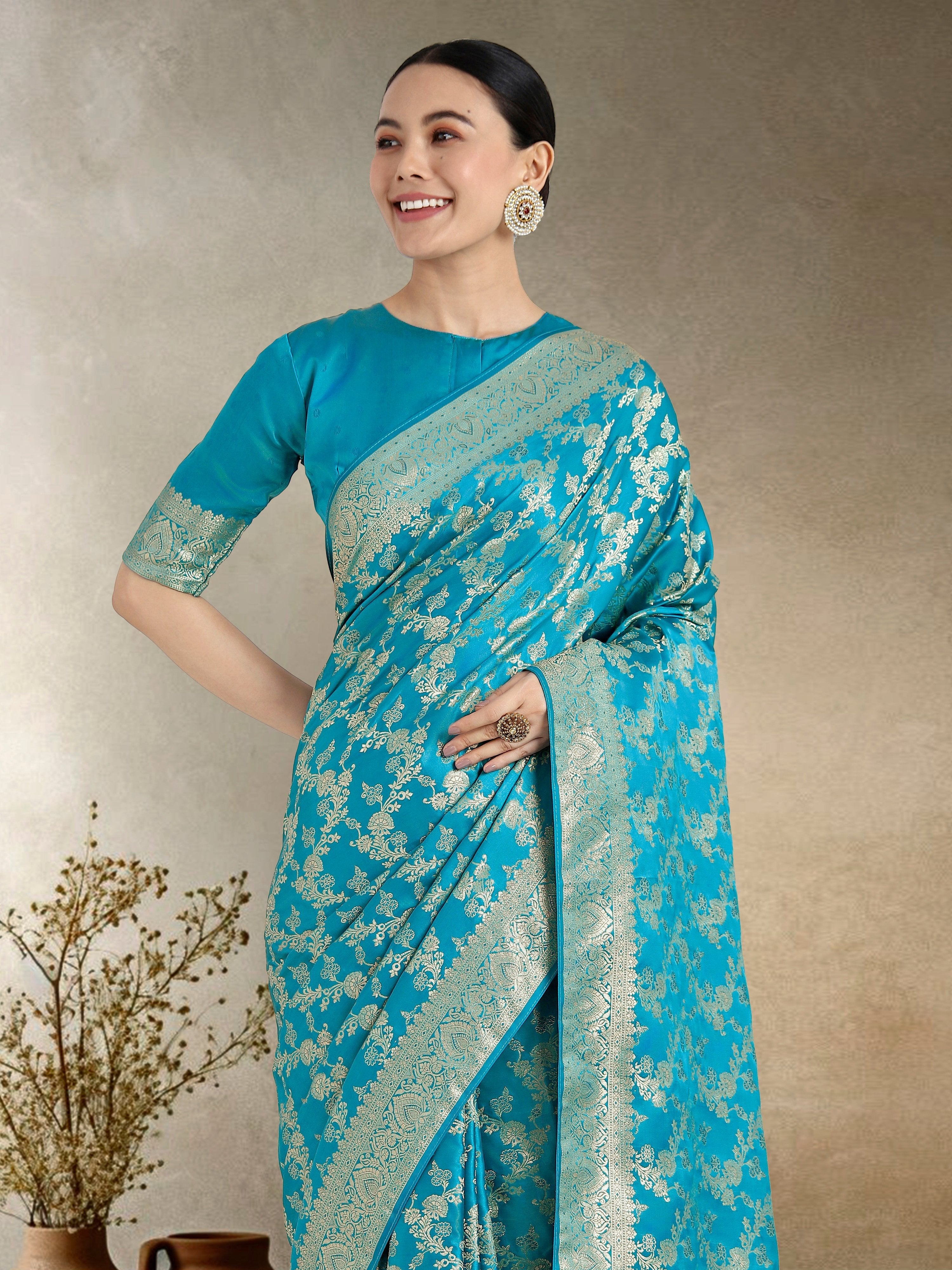 Monjolika Fashion Effervescent Aqua blue Soft Banarasi Satin Silk Saree With Elision Blouse Piece