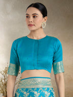 Monjolika Fashion Effervescent Aqua blue Soft Banarasi Satin Silk Saree With Elision Blouse Piece