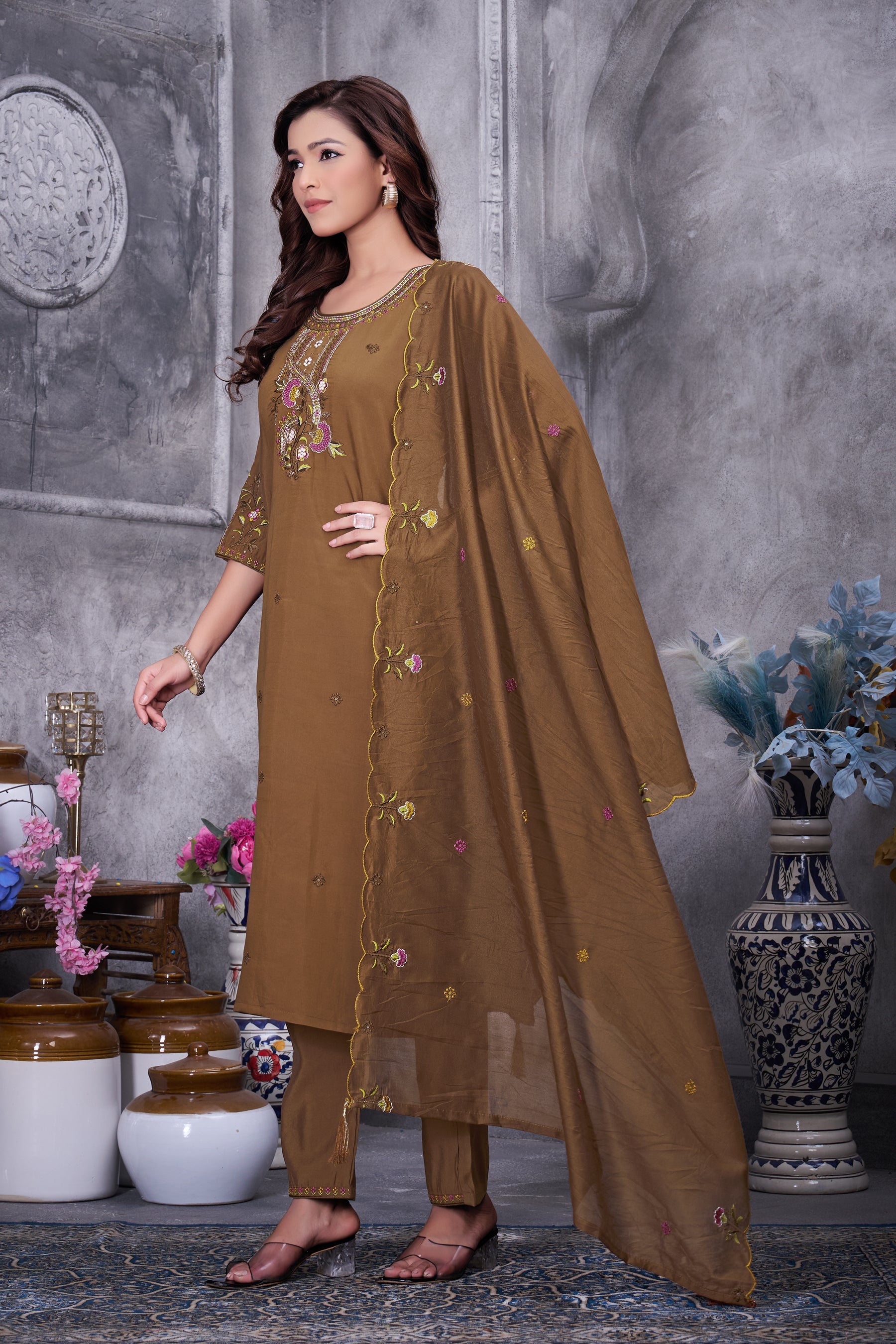 Lorenvalley Fashion Brown Roman Silk Multi Embroidery Thread With Hand Work Kurta Pant Dupatta - Distacart