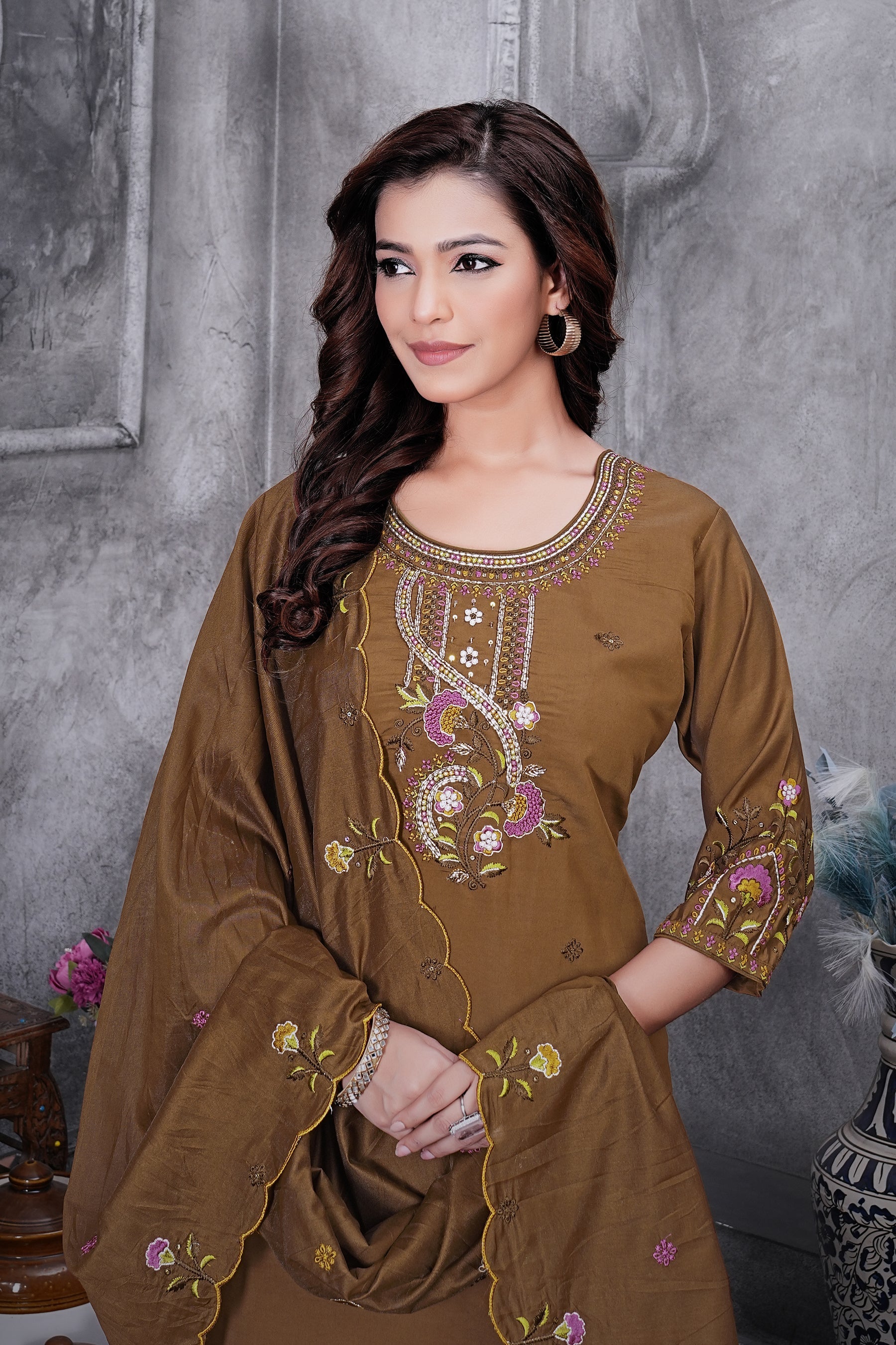 Lorenvalley Fashion Brown Roman Silk Multi Embroidery Thread With Hand Work Kurta Pant Dupatta - Distacart
