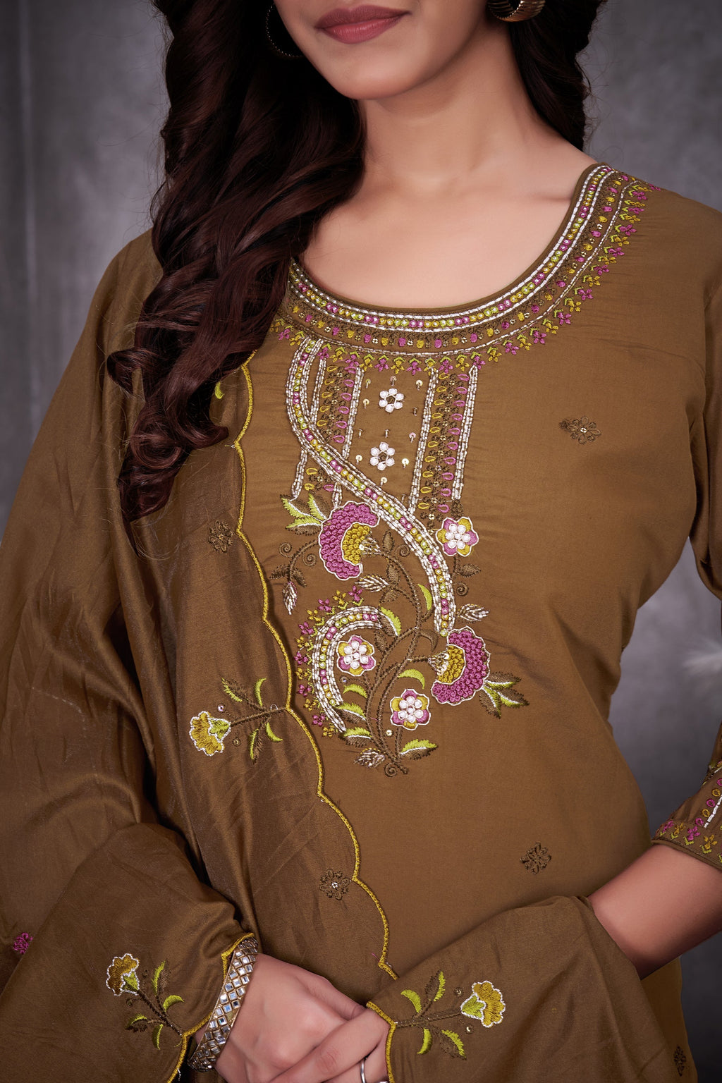 Lorenvalley Fashion Brown Roman Silk Multi Embroidery Thread With Hand Work Kurta Pant Dupatta - Distacart