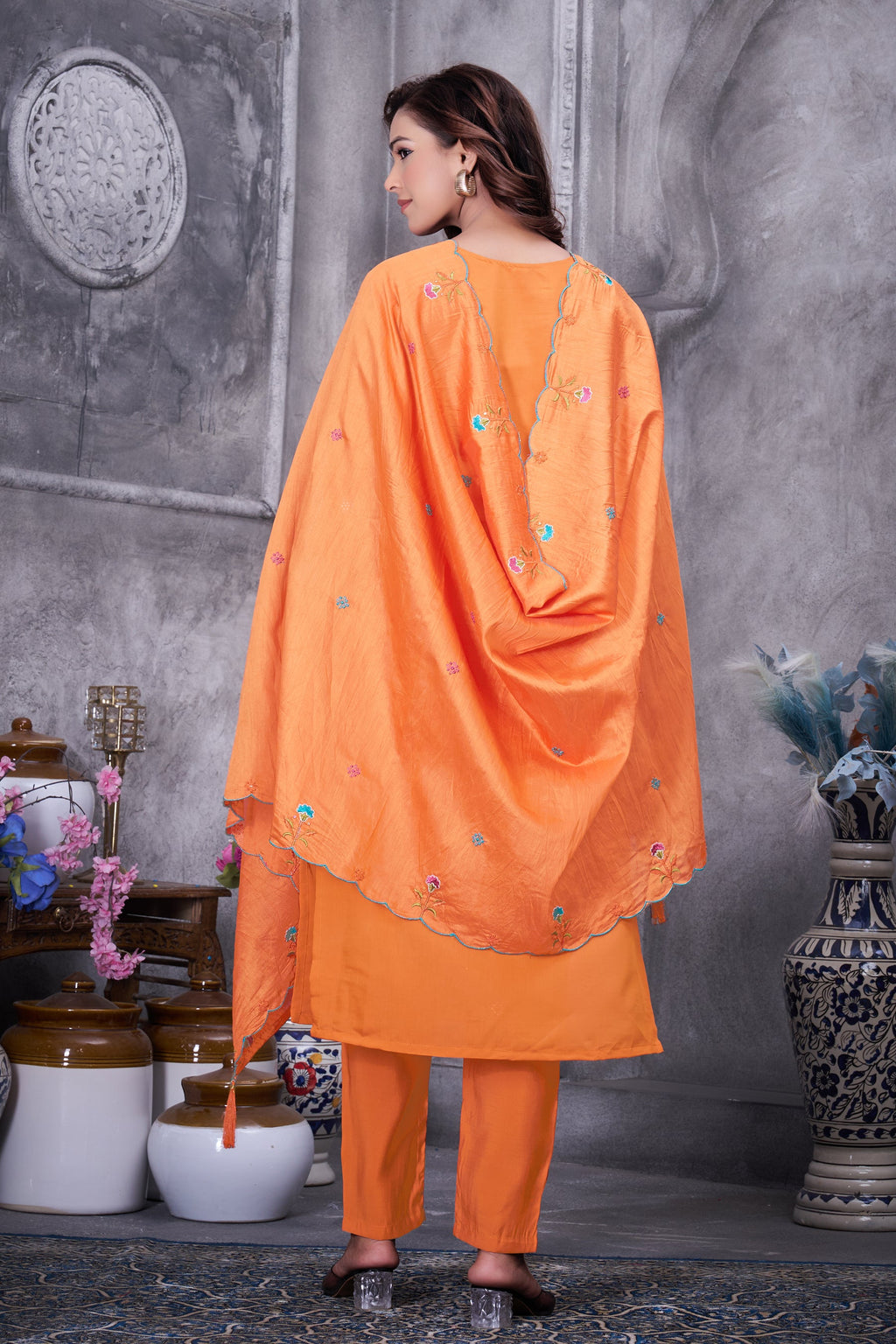 Lorenvalley Fashion Orange Roman Silk Multi Embroidery Thread With Hand Work Kurta Pant Dupatta - Distacart
