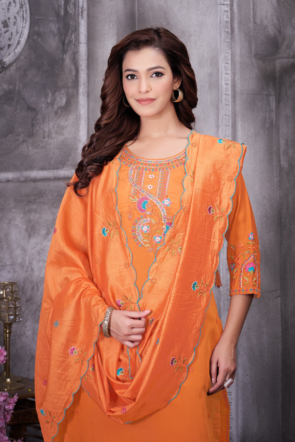 Lorenvalley Fashion Orange Roman Silk Multi Embroidery Thread With Hand Work Kurta Pant Dupatta - Distacart