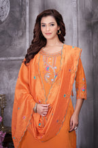 Lorenvalley Fashion Orange Roman Silk Multi Embroidery Thread With Hand Work Kurta Pant Dupatta - Distacart