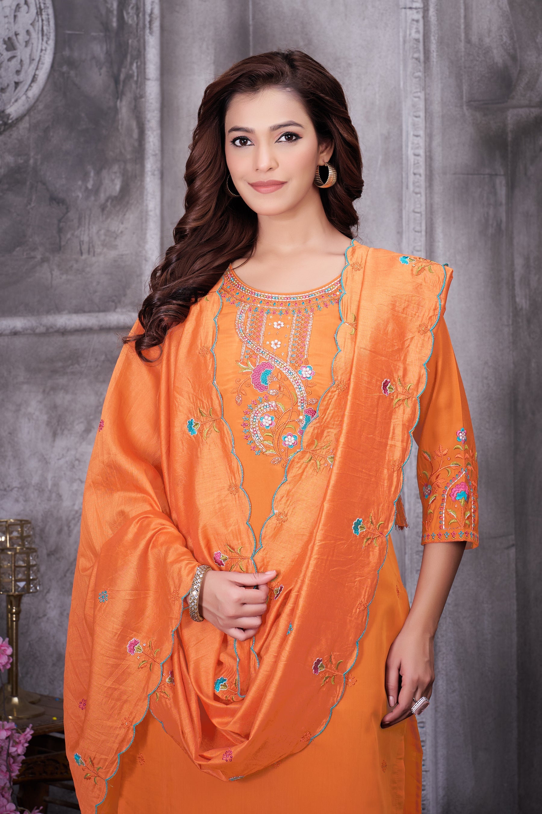 Lorenvalley Fashion Orange Roman Silk Multi Embroidery Thread With Hand Work Kurta Pant Dupatta - Distacart