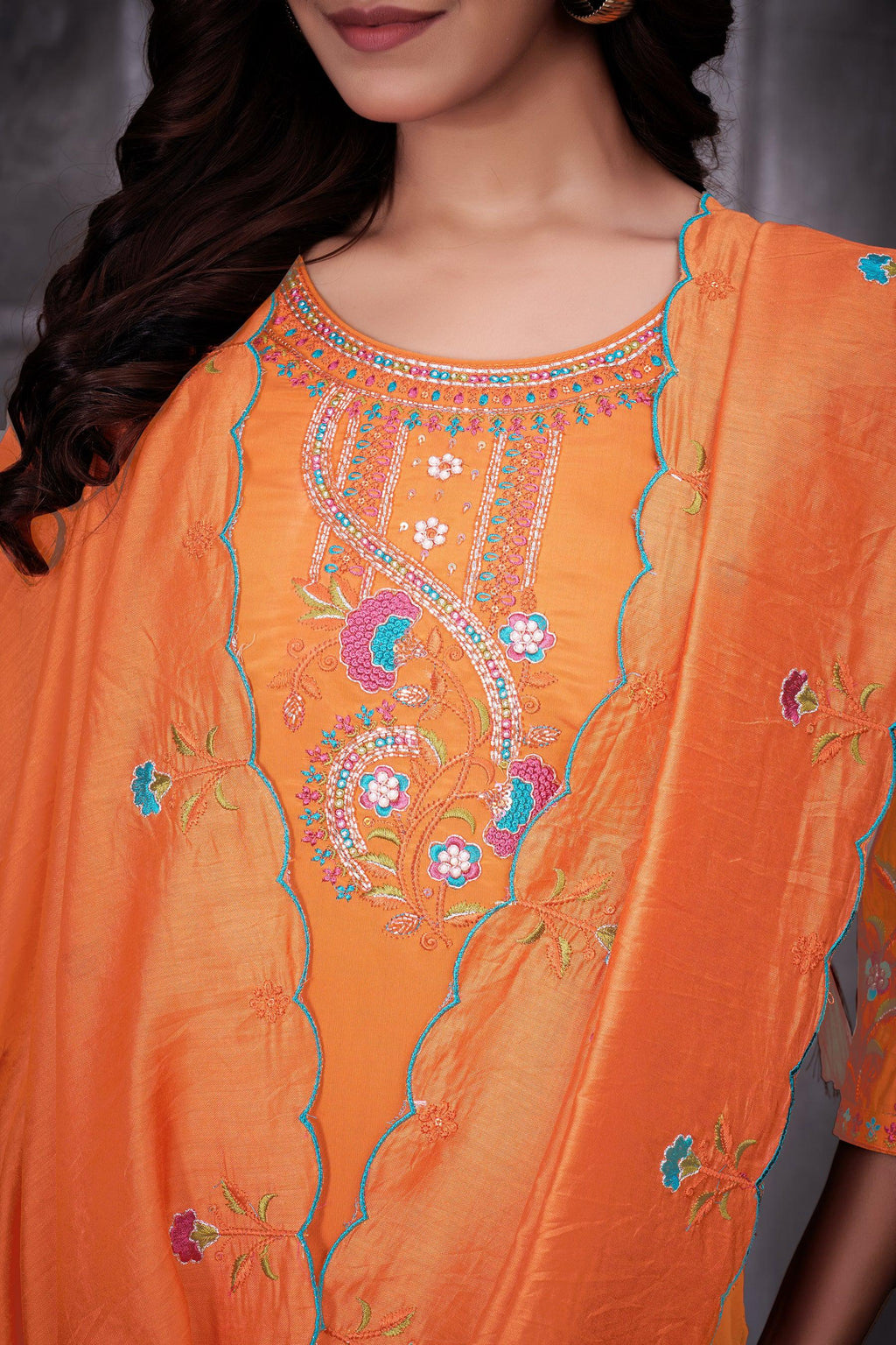 Lorenvalley Fashion Orange Roman Silk Multi Embroidery Thread With Hand Work Kurta Pant Dupatta - Distacart