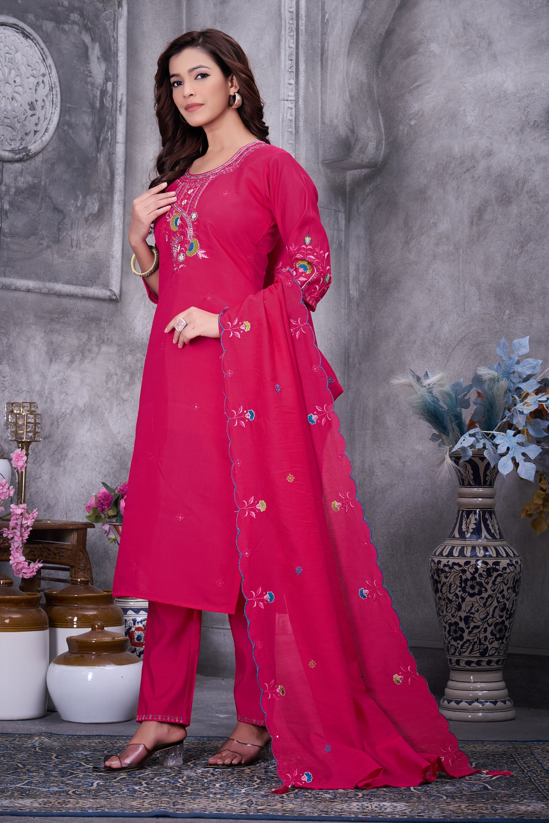 Lorenvalley Fashion Ranipink Roman Silk Multi Embroidery Thread With Hand Work Kurta Pant Dupatta - Distacart