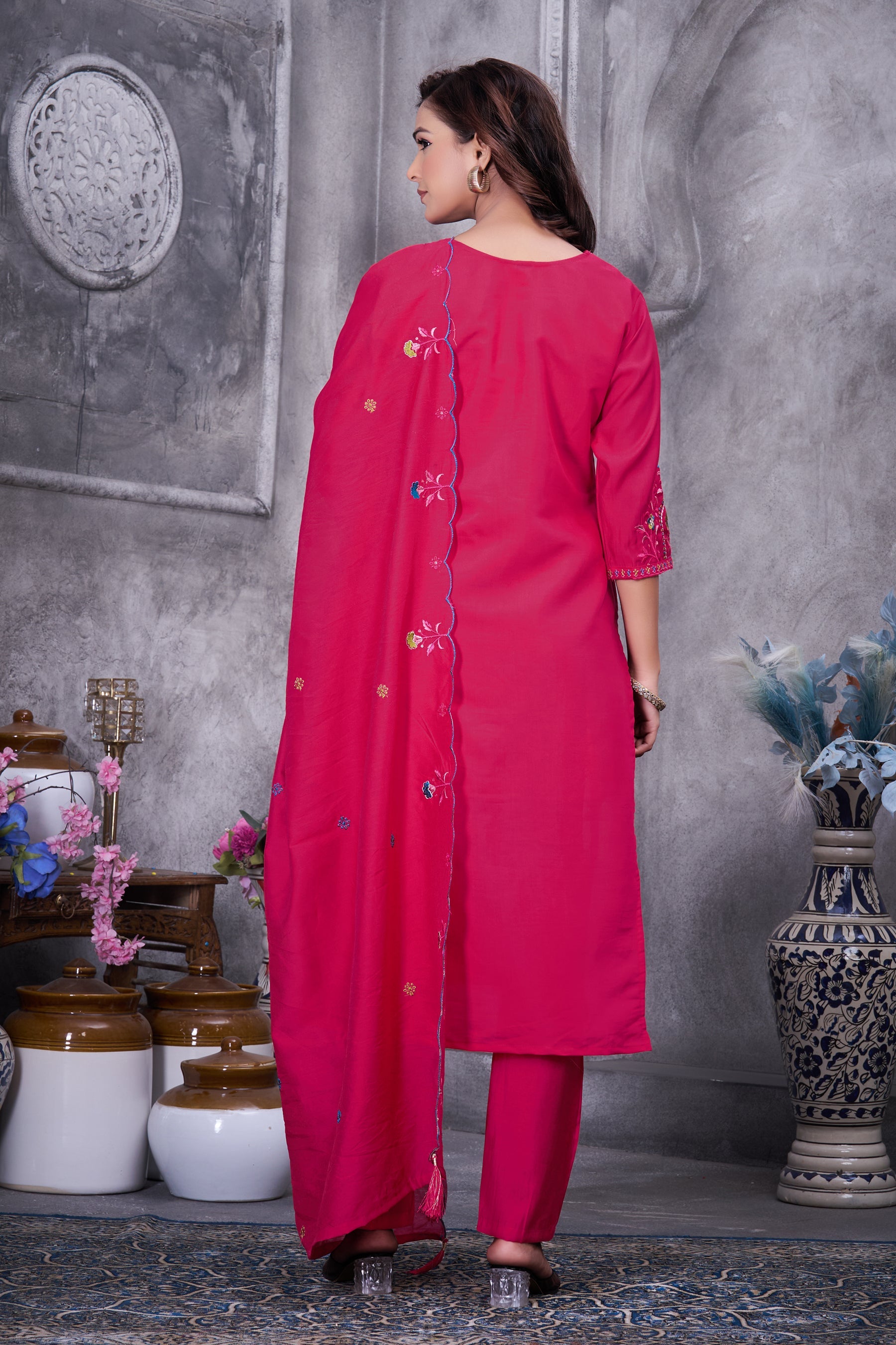 Lorenvalley Fashion Ranipink Roman Silk Multi Embroidery Thread With Hand Work Kurta Pant Dupatta - Distacart