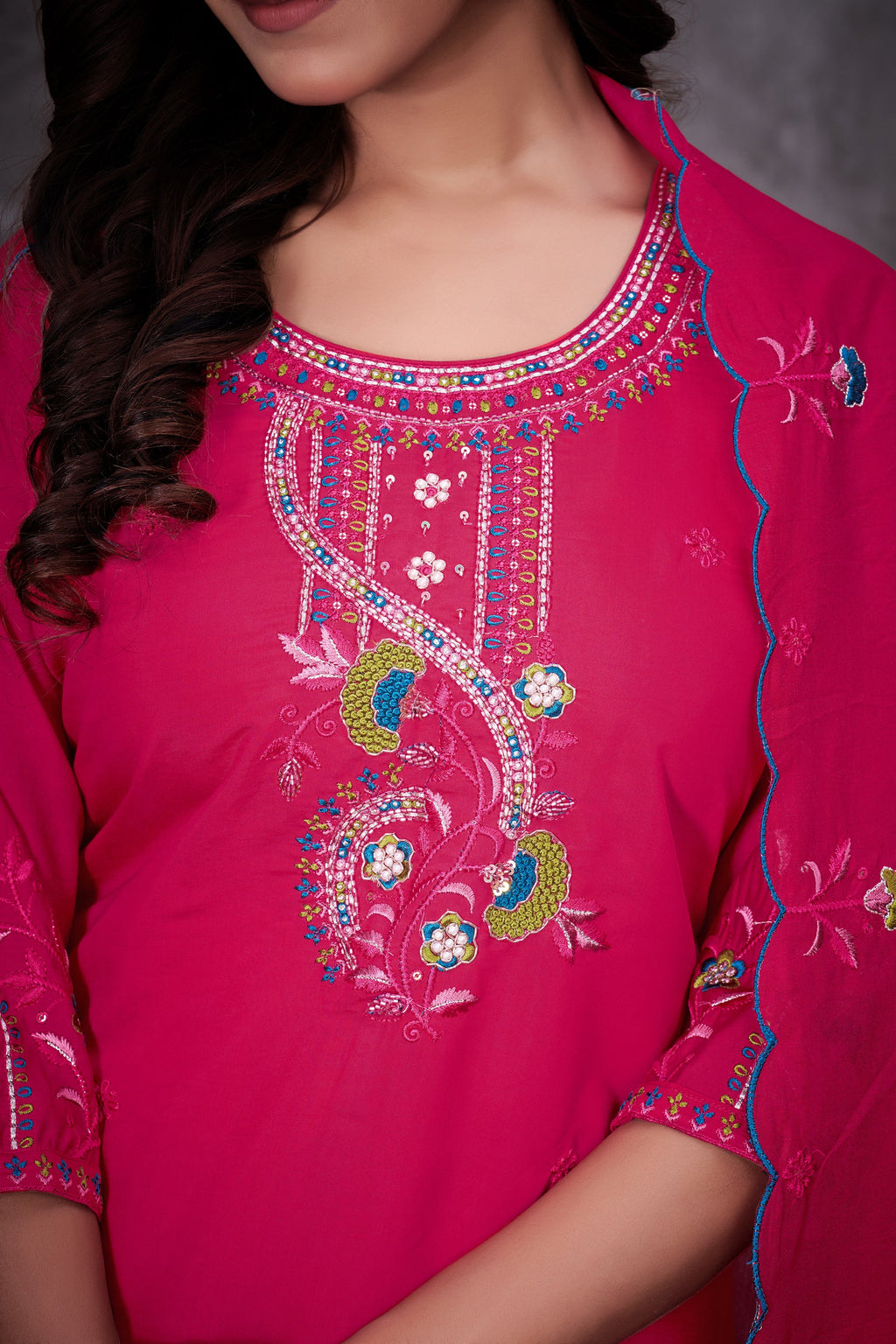 Lorenvalley Fashion Ranipink Roman Silk Multi Embroidery Thread With Hand Work Kurta Pant Dupatta - Distacart