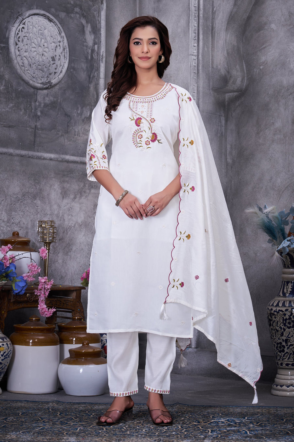 Lorenvalley Fashion White Roman Silk Multi Embroidery Thread With Hand Work Kurta Pant Dupatta - Distacart