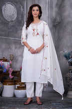 Lorenvalley Fashion White Roman Silk Multi Embroidery Thread With Hand Work Kurta Pant Dupatta - Distacart