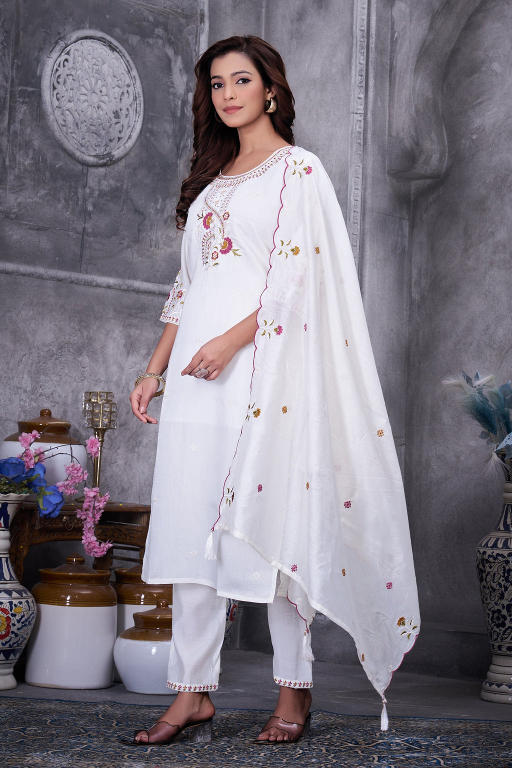 Lorenvalley Fashion White Roman Silk Multi Embroidery Thread With Hand Work Kurta Pant Dupatta - Distacart
