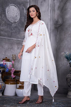 Lorenvalley Fashion White Roman Silk Multi Embroidery Thread With Hand Work Kurta Pant Dupatta - Distacart