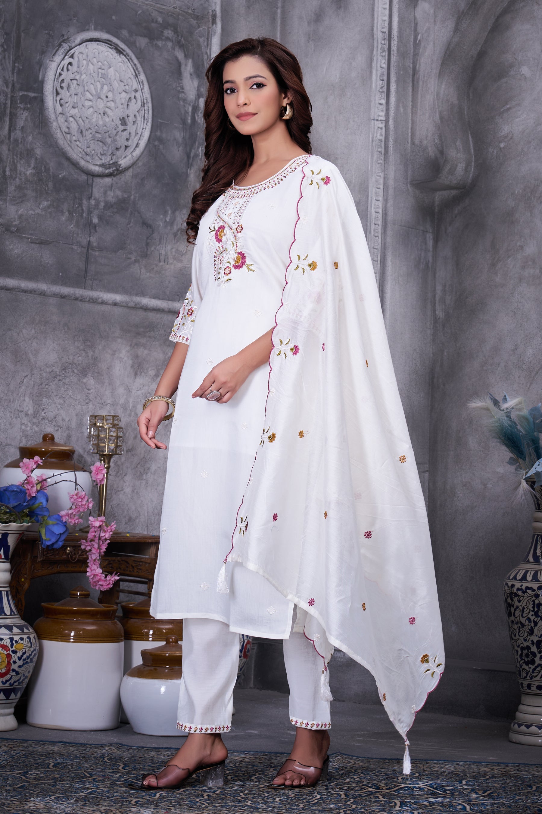 Lorenvalley Fashion White Roman Silk Multi Embroidery Thread With Hand Work Kurta Pant Dupatta - Distacart