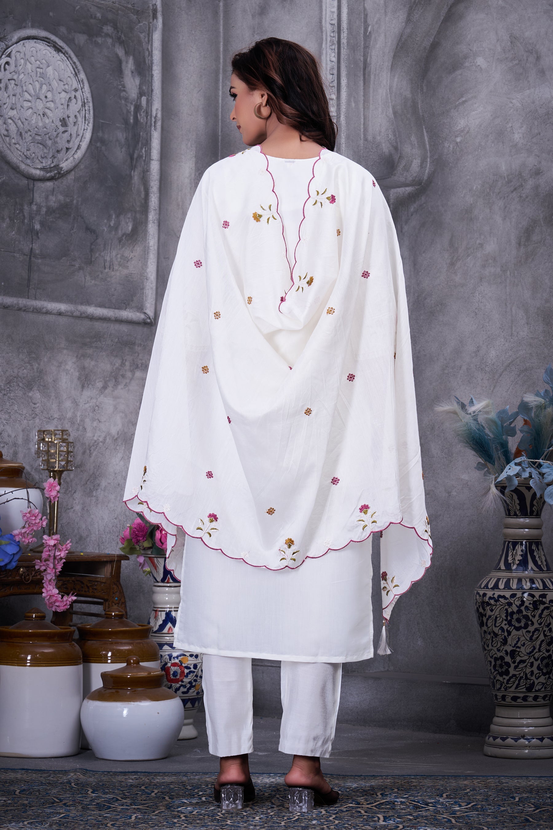 Lorenvalley Fashion White Roman Silk Multi Embroidery Thread With Hand Work Kurta Pant Dupatta - Distacart
