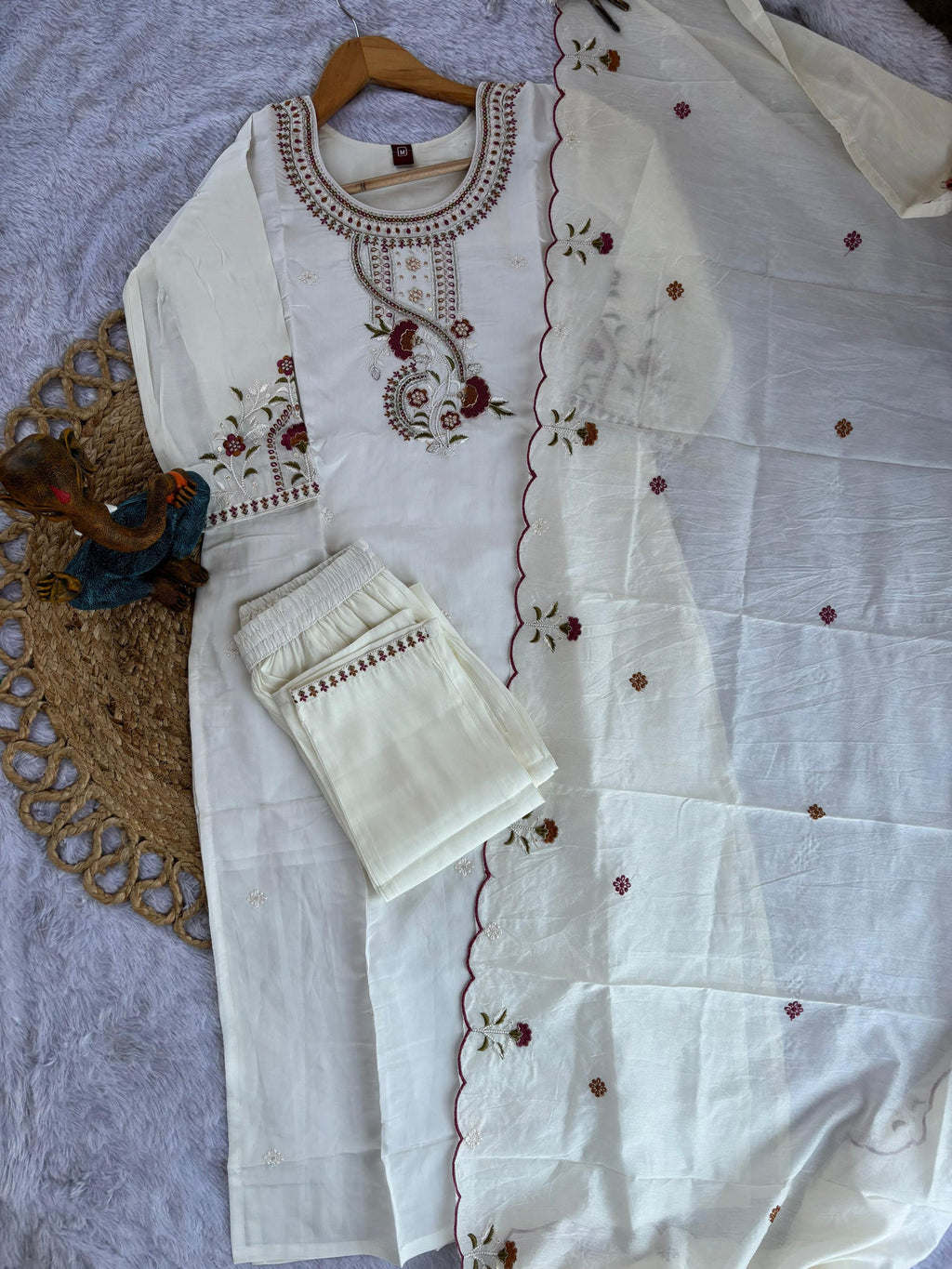Lorenvalley Fashion White Roman Silk Multi Embroidery Thread With Hand Work Kurta Pant Dupatta - Distacart
