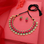 Tehzeeb Creations Pink Colour Gold-Polished Stone Jewellery Choker Necklace Set With Matching Pair of Stud Earrings