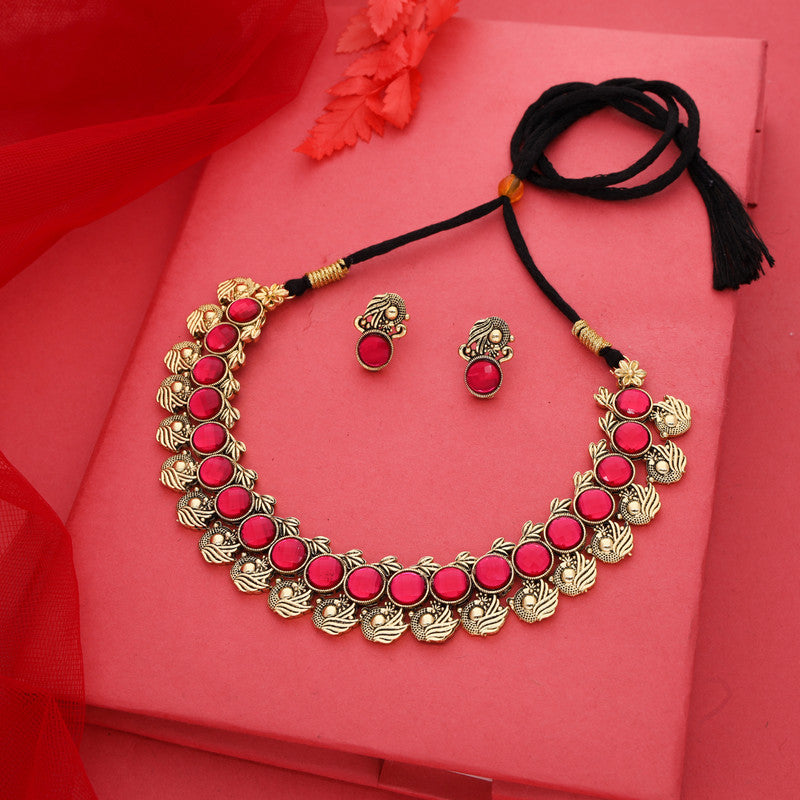 Tehzeeb Creations Pink Colour Gold-Polished Stone Jewellery Choker Necklace Set With Matching Pair of Stud Earrings