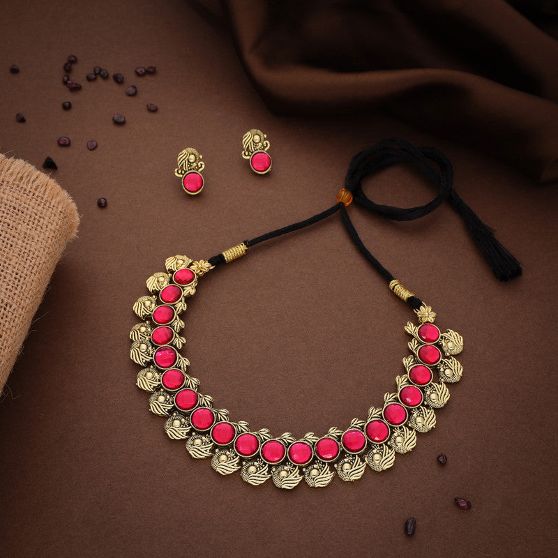 Tehzeeb Creations Pink Colour Gold-Polished Stone Jewellery Choker Necklace Set With Matching Pair of Stud Earrings