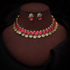 Tehzeeb Creations Pink Colour Gold-Polished Stone Jewellery Choker Necklace Set With Matching Pair of Stud Earrings