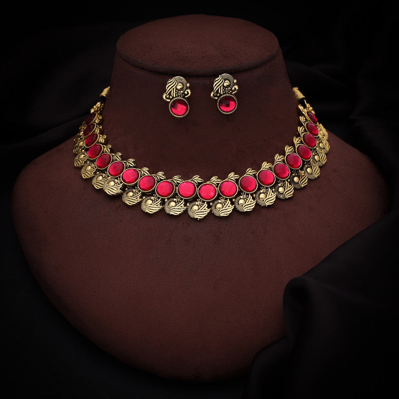 Tehzeeb Creations Pink Colour Gold-Polished Stone Jewellery Choker Necklace Set With Matching Pair of Stud Earrings