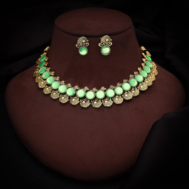 Tehzeeb Creations Sea Green Colour Gold-Polished Stone Jewellery Choker Necklace Set With Matching Pair of Stud Earrings