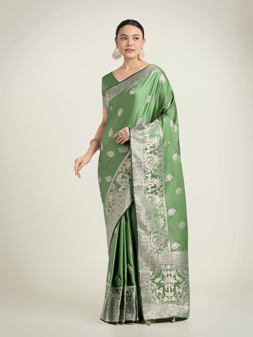 Monjolika Fashion Light Green Zari Weaving Work Banarasi Satin Silk Traditional Saree - Distacart