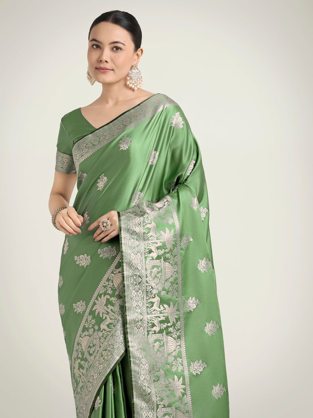 Monjolika Fashion Light Green Zari Weaving Work Banarasi Satin Silk Traditional Saree - Distacart