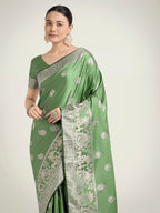 Monjolika Fashion Light Green Zari Weaving Work Banarasi Satin Silk Traditional Saree - Distacart