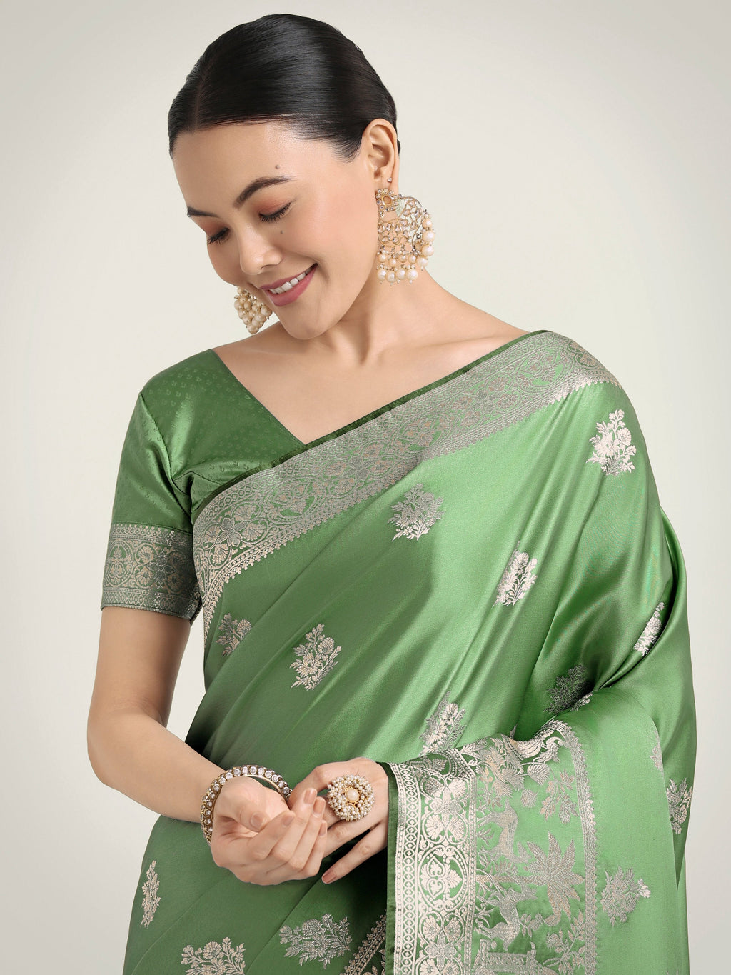 Monjolika Fashion Light Green Zari Weaving Work Banarasi Satin Silk Traditional Saree - Distacart