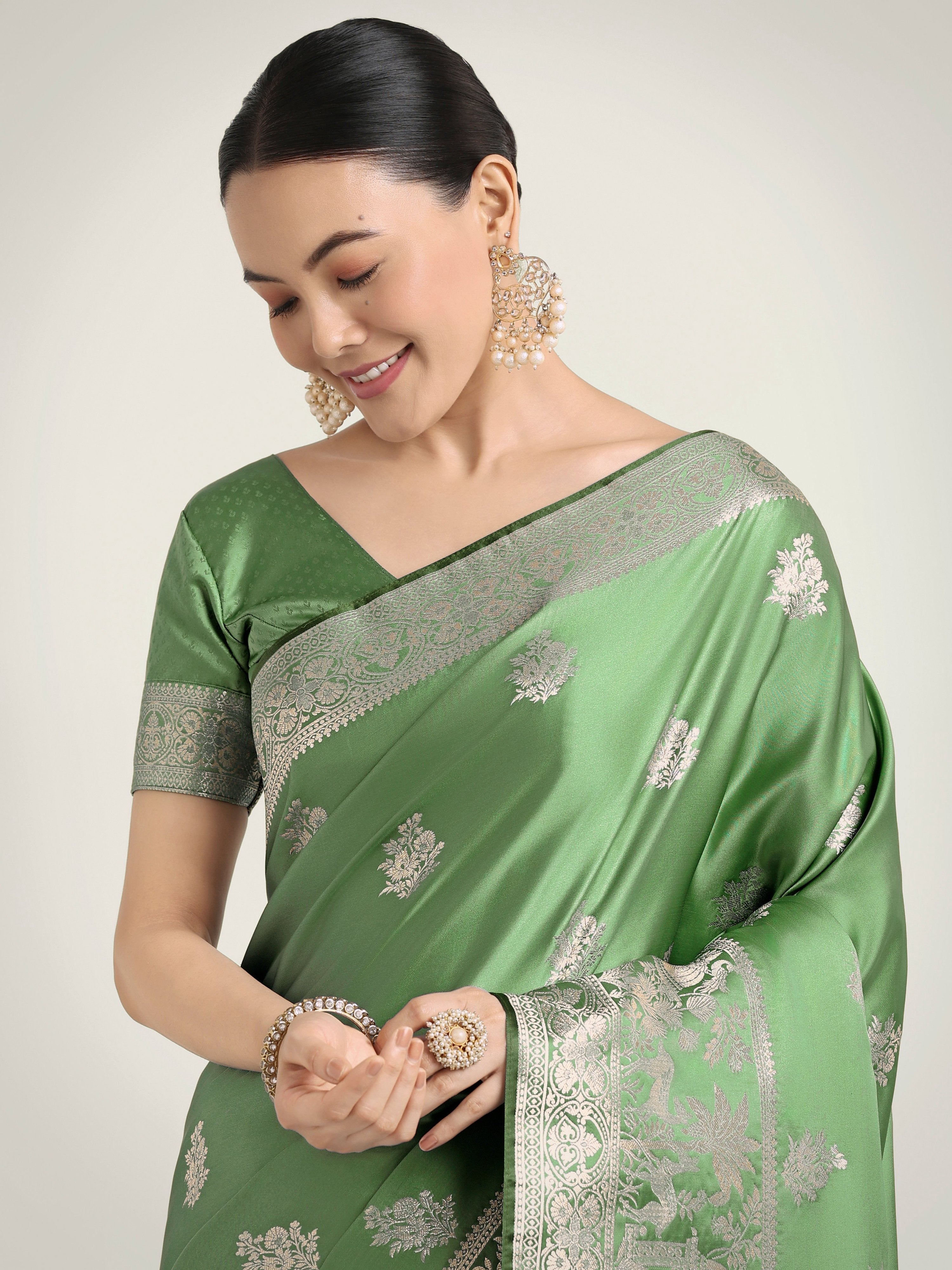 Monjolika Fashion Light Green Zari Weaving Work Banarasi Satin Silk Traditional Saree - Distacart