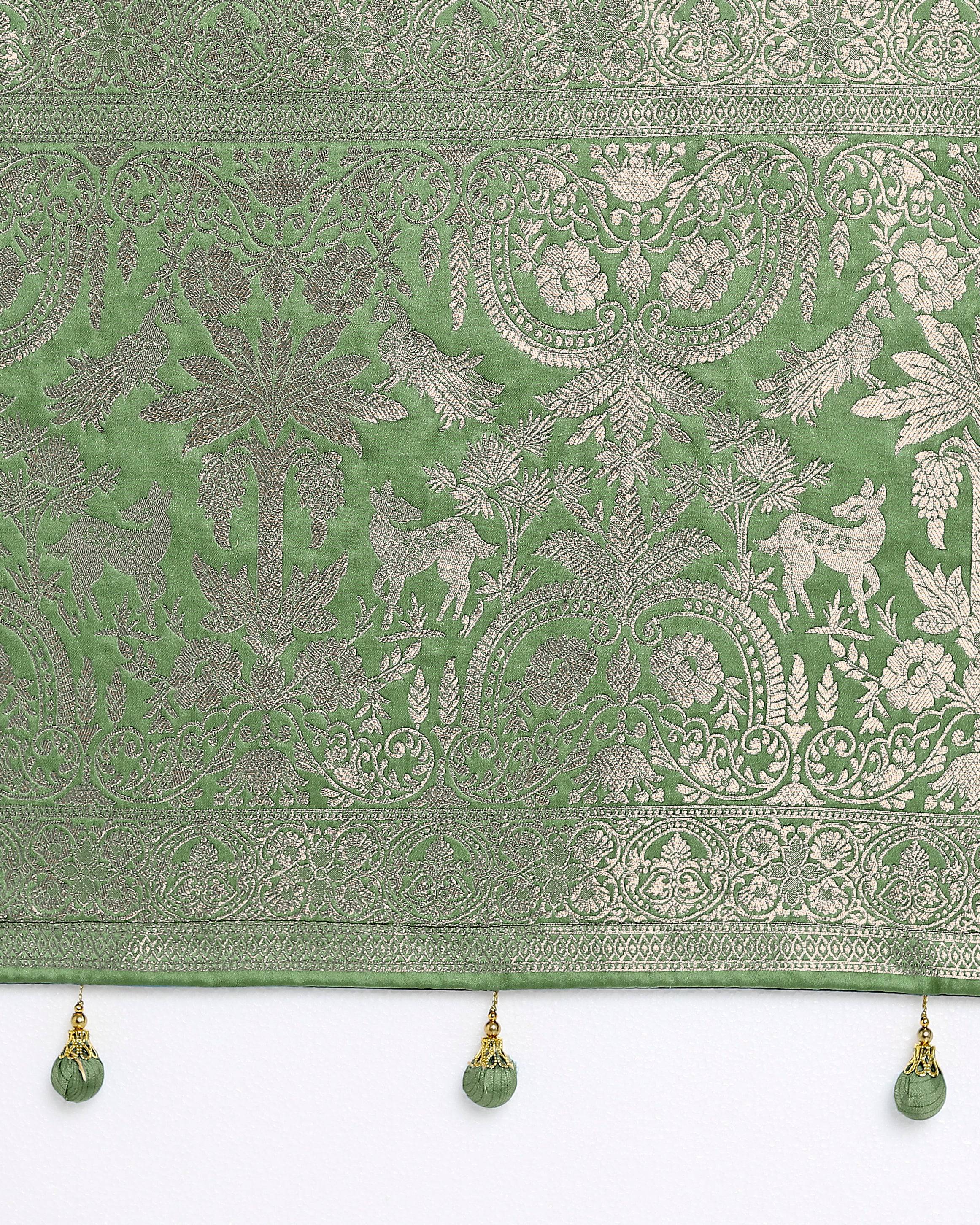Monjolika Fashion Light Green Zari Weaving Work Banarasi Satin Silk Traditional Saree - Distacart