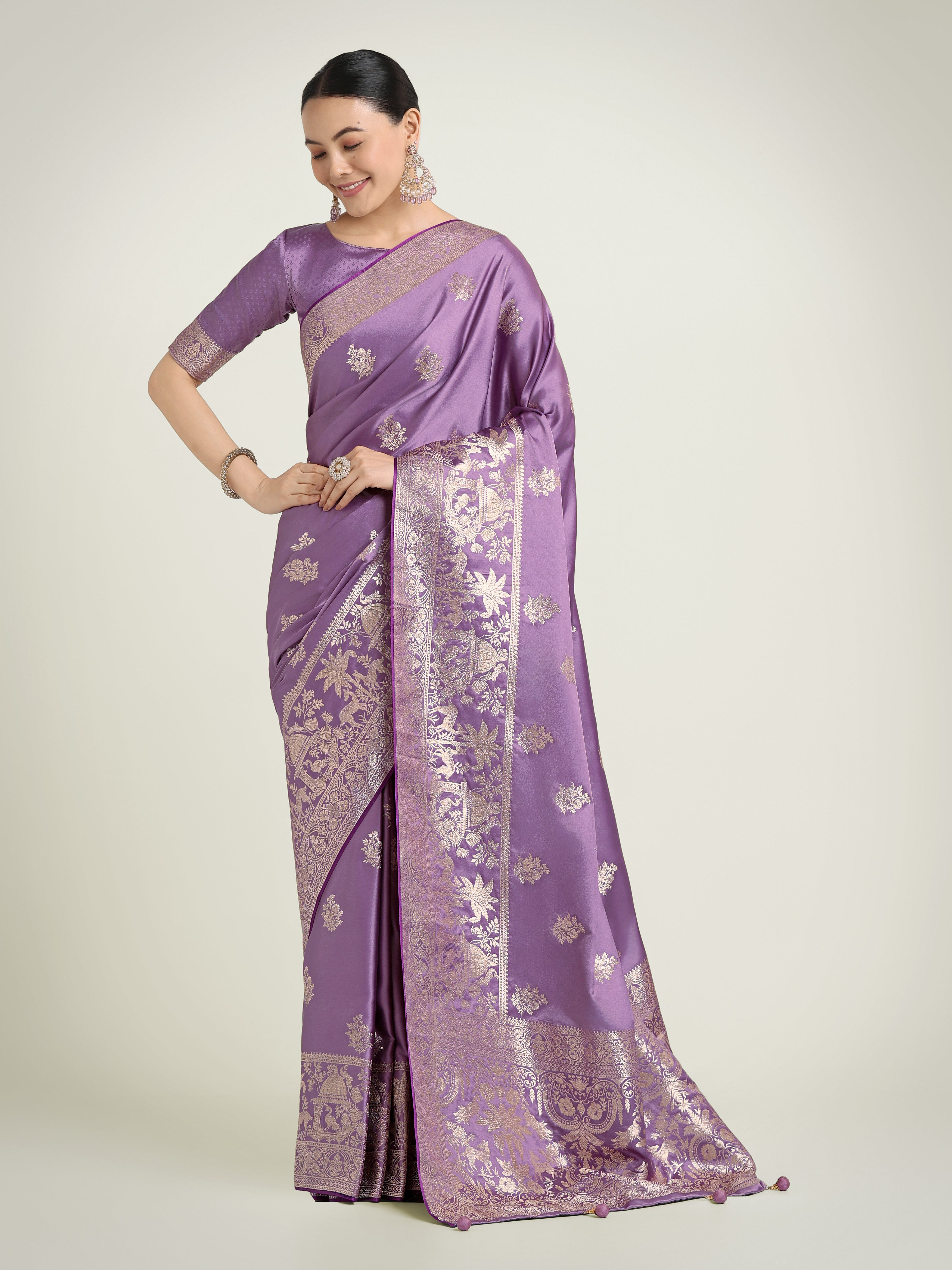 Monjolika Fashion Lavender Zari Weaving Work Banarasi Satin Silk Traditional Saree