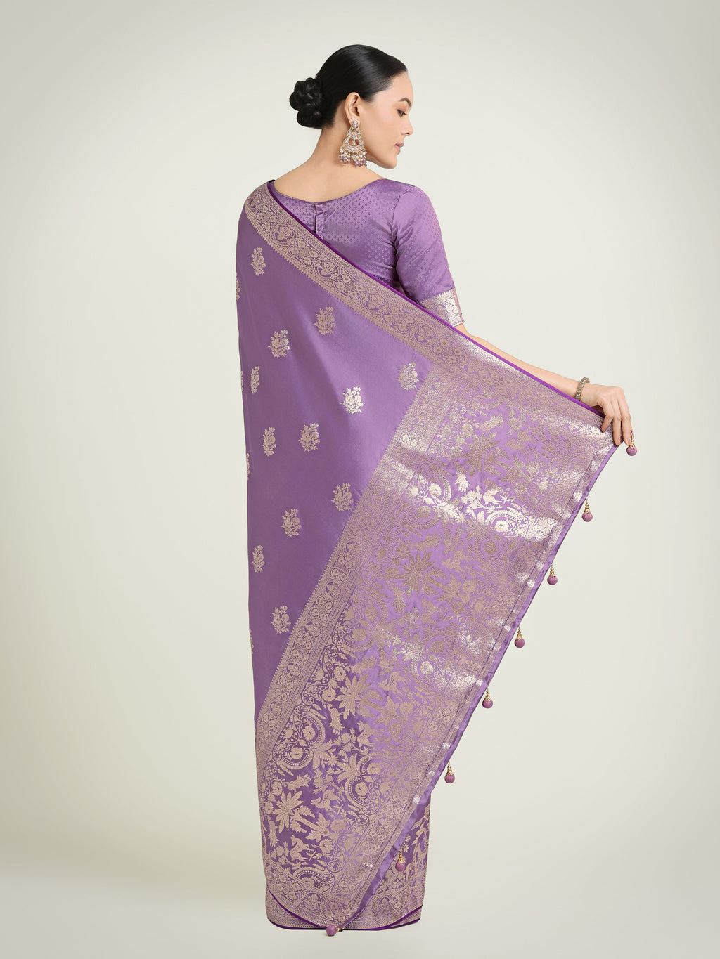 Monjolika Fashion Lavender Zari Weaving Work Banarasi Satin Silk Traditional Saree