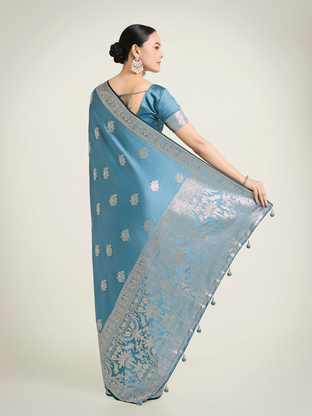 Monjolika Fashion Cyan blue Zari Weaving Work Banarasi Satin Silk Traditional Saree