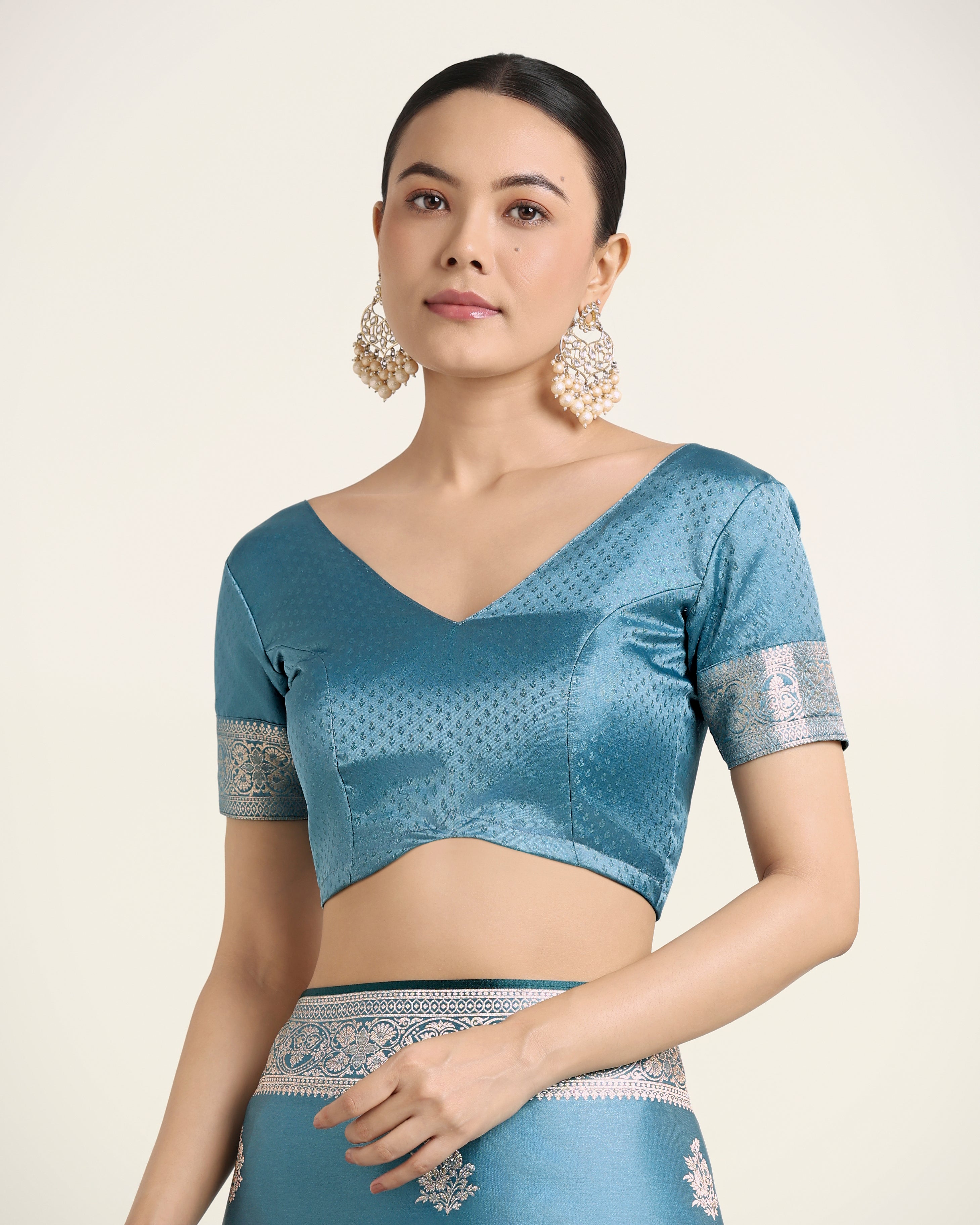 Monjolika Fashion Cyan blue Zari Weaving Work Banarasi Satin Silk Traditional Saree