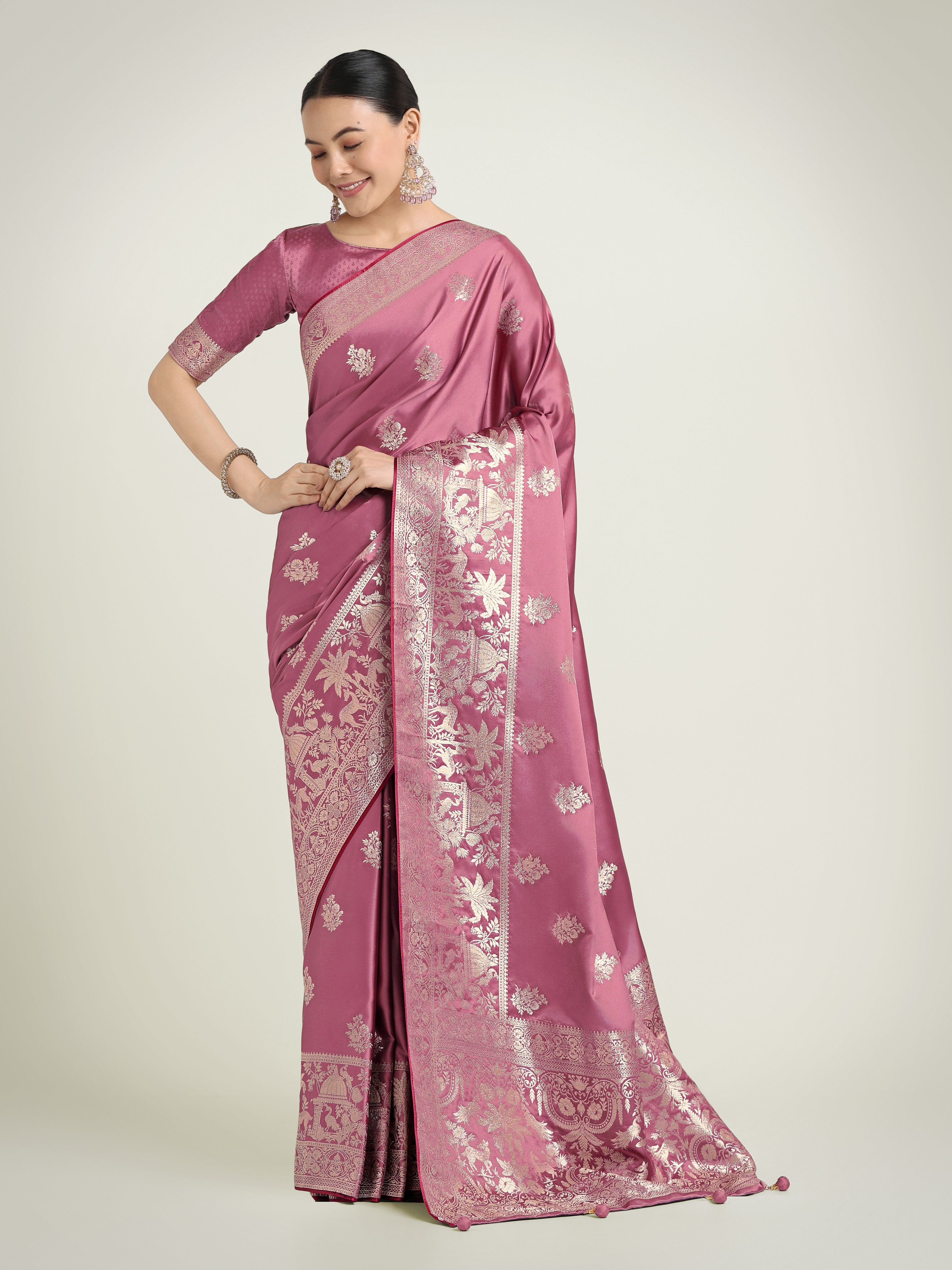 Monjolika Fashion Dusty Pink Zari Weaving Work Banarasi Satin Silk Traditional Saree