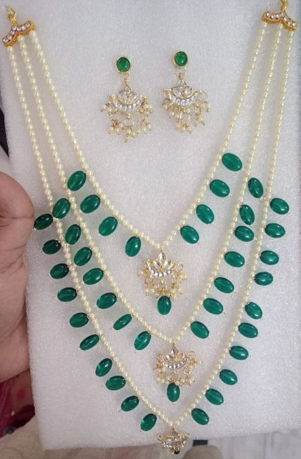 Jewel City Layered Pearl & Green Bead Necklace Set with Kundan Chandbali Pendants Traditional Indian Gold-Plated Ethnic Jewelry Set