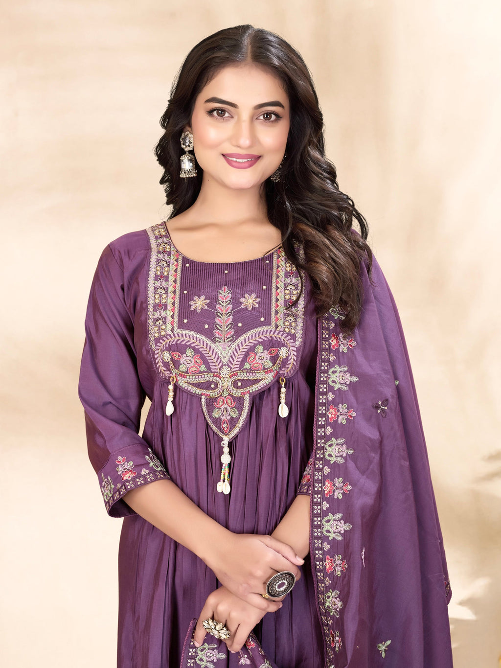 Lorenvalley Fashion Lavender Roman Silk Multi Sequence Embroidery Thread With Hand Work Anarkali Kurti Pant Dupatta - Distacart